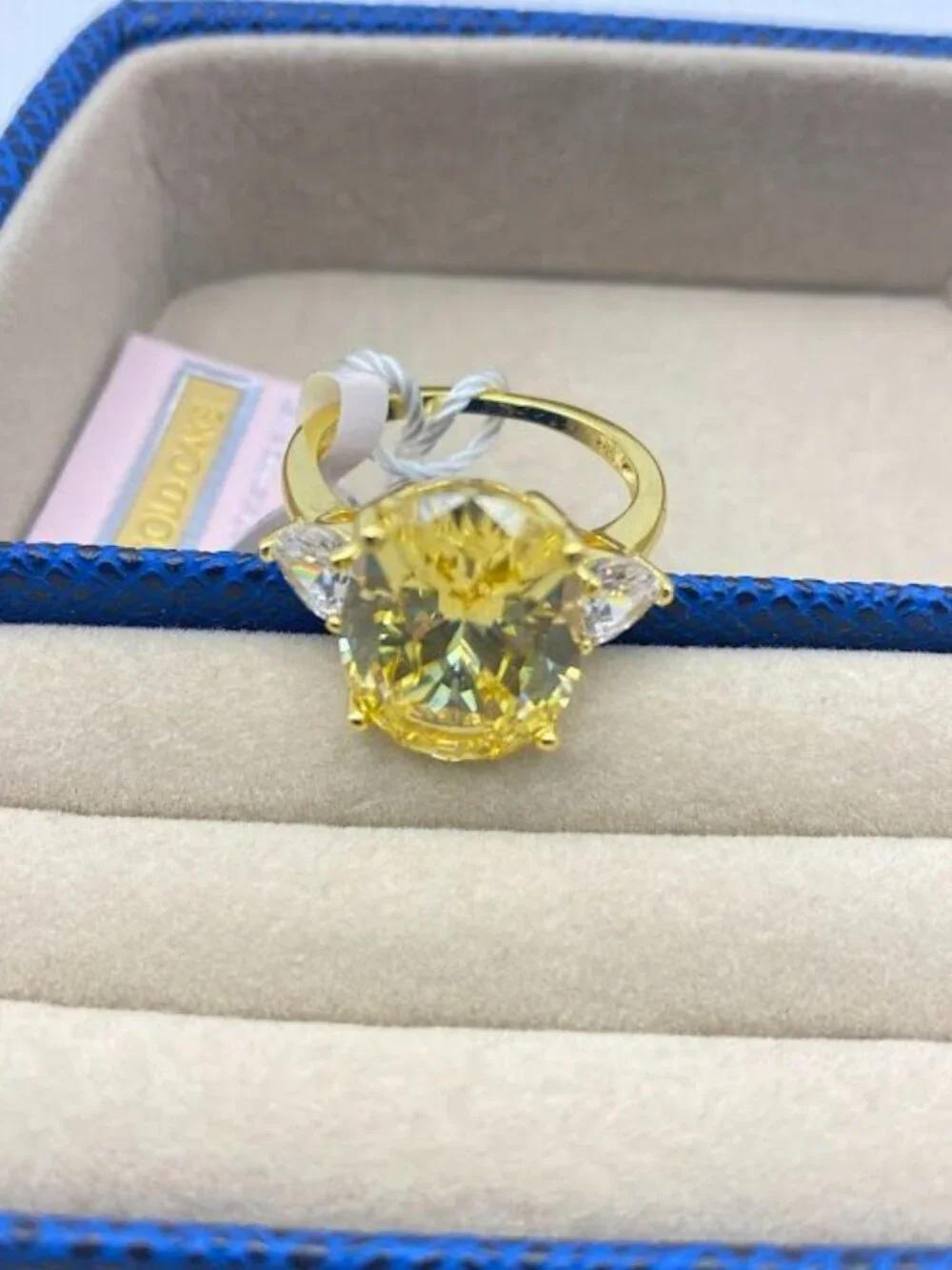 Gold Cake Ring Large Oval Canary Yellow CZ Crystal 925 Sterling Silver Size 8